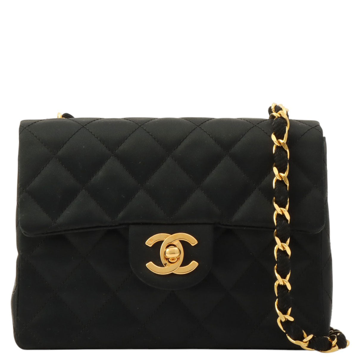 Circa 1985-1990 Silk Satin Classic Flap Chain Shoulder Bag Mini, Black