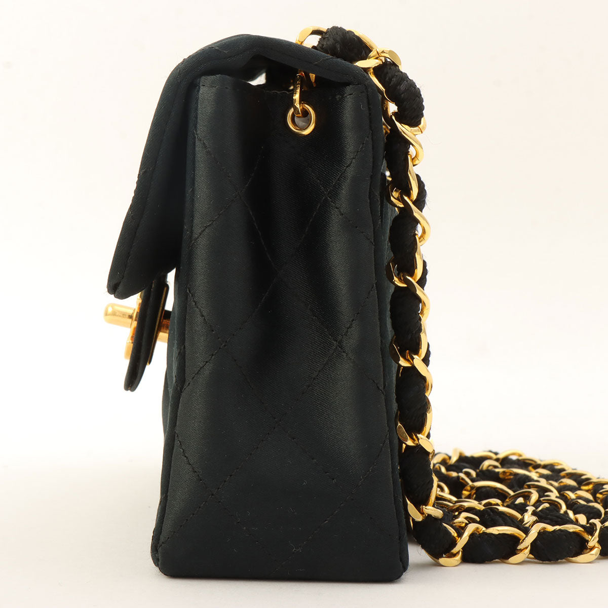 Circa 1985-1990 Silk Satin Classic Flap Chain Shoulder Bag Mini, Black