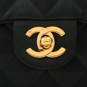 Circa 1985-1990 Silk Satin Classic Flap Chain Shoulder Bag Mini, Black