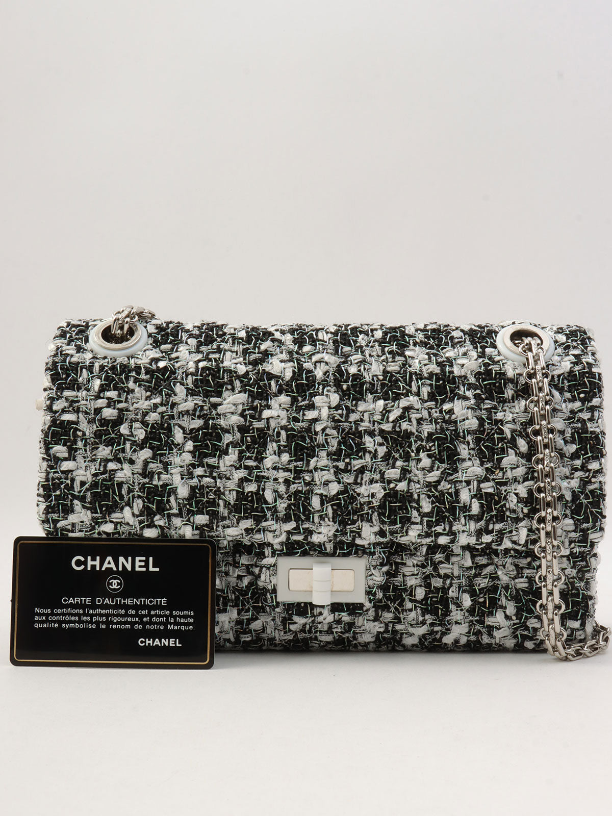 2020年頃製 ラメツイードダブルフラップ2.55チェーンショルダーバッグ ブラック/ホワイト