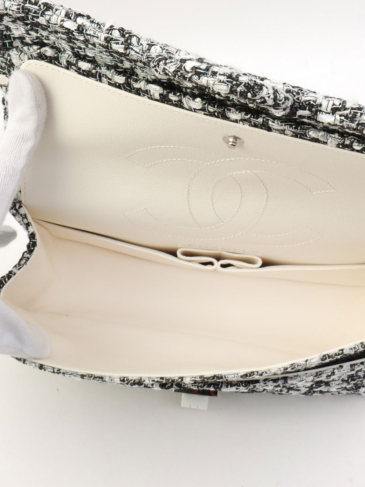 2020年頃製 ラメツイードダブルフラップ2.55チェーンショルダーバッグ ブラック/ホワイト