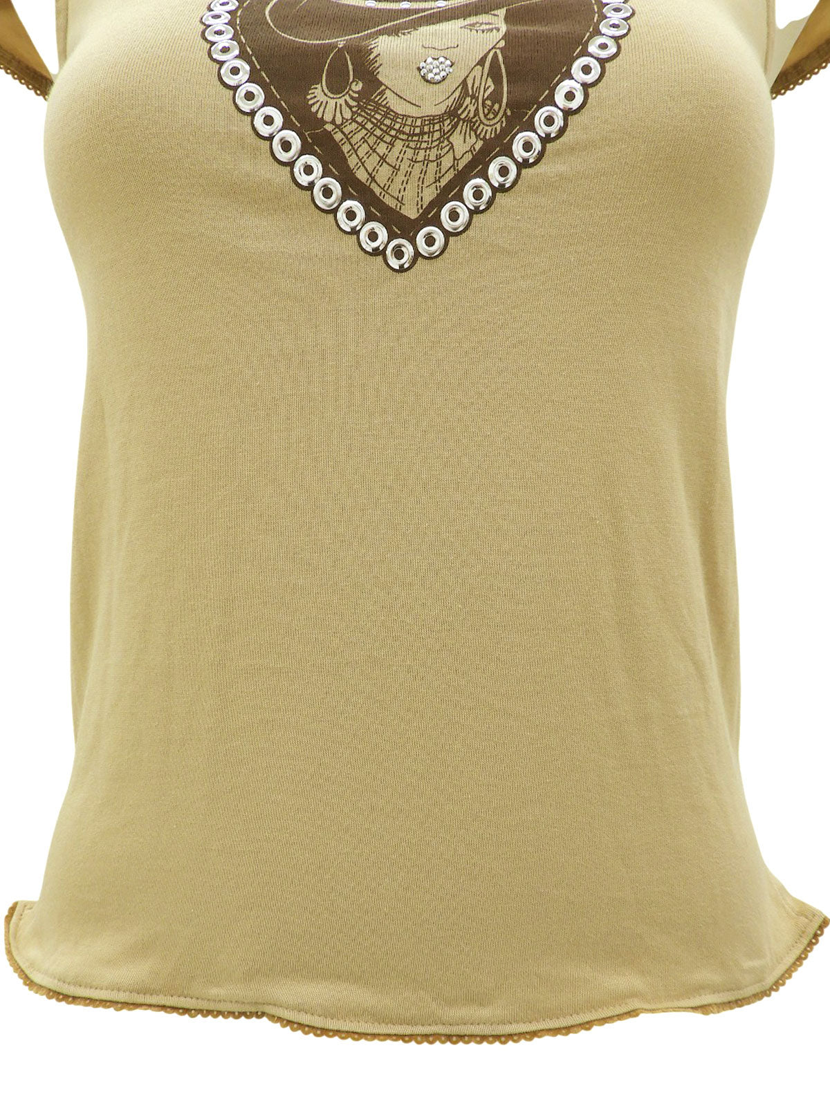 Rhinestone Cowgirl Motif T-Shirt #12 Beige