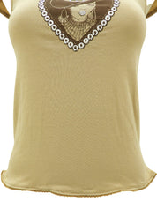 Rhinestone Cowgirl Motif T-Shirt #12 Beige