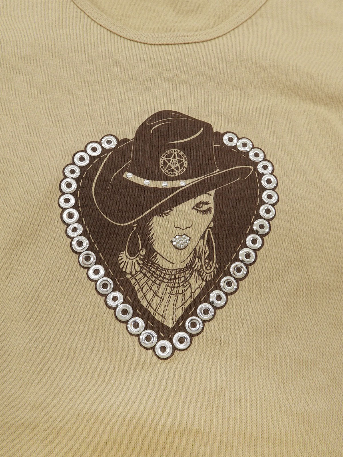 Rhinestone Cowgirl Motif T-Shirt #12 Beige