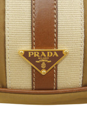 Nylon and leather combination shoulder bag with logo plate, beige.