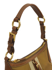 Nylon and leather combination shoulder bag with logo plate, beige.