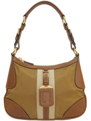 Nylon and leather combination shoulder bag with logo plate, beige.