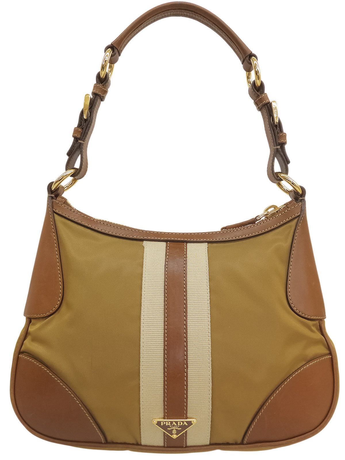 Nylon and leather combination shoulder bag with logo plate, beige.