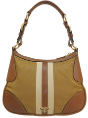 Nylon and leather combination shoulder bag with logo plate, beige.