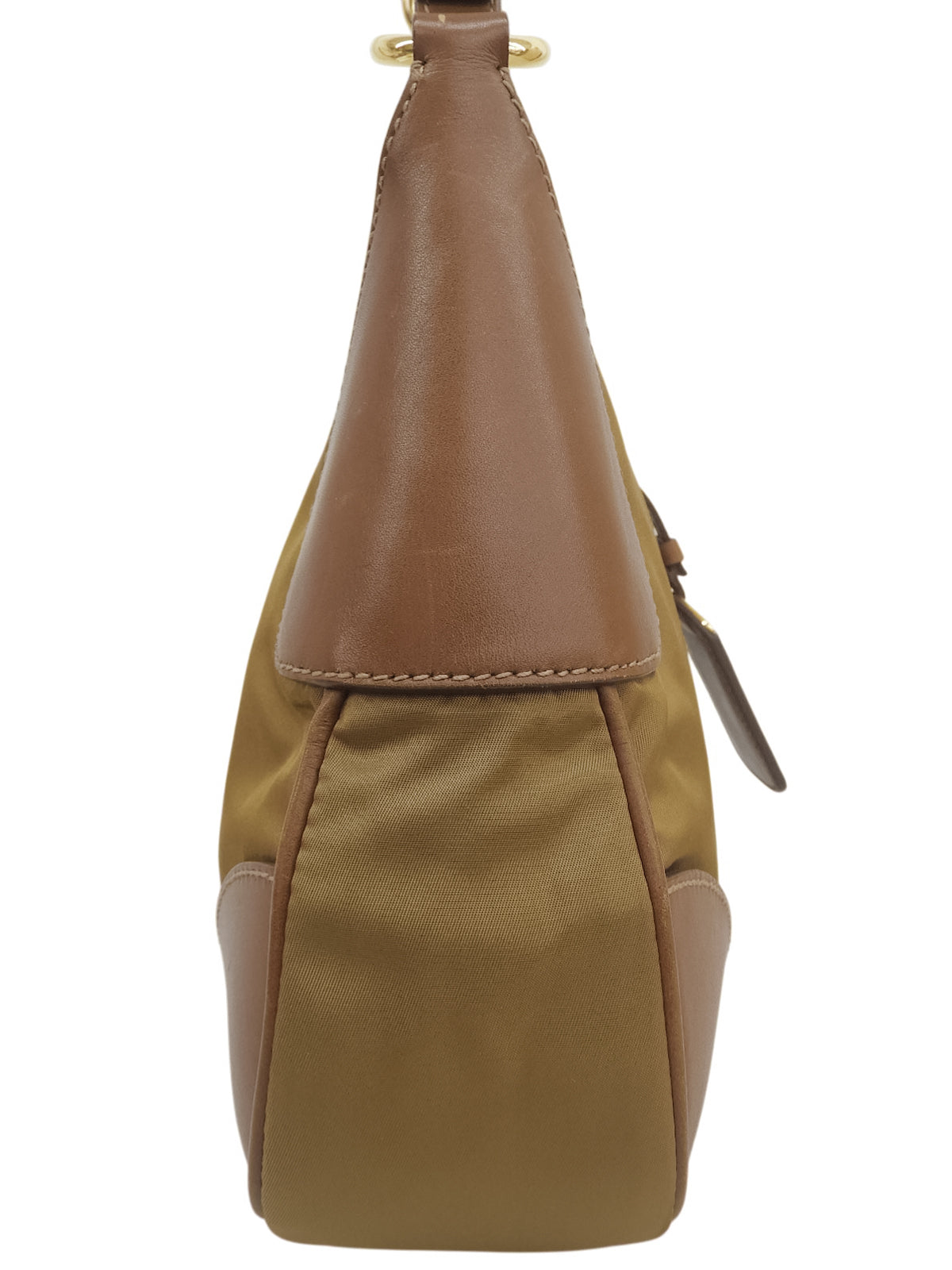 Nylon and leather combination shoulder bag with logo plate, beige.