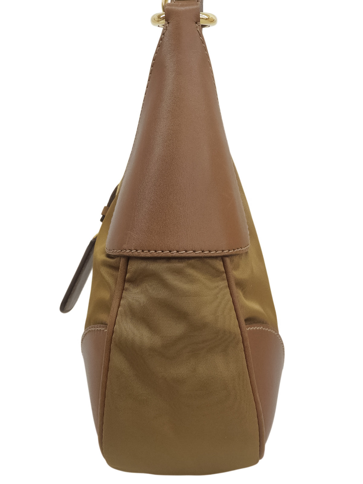 Nylon and leather combination shoulder bag with logo plate, beige.