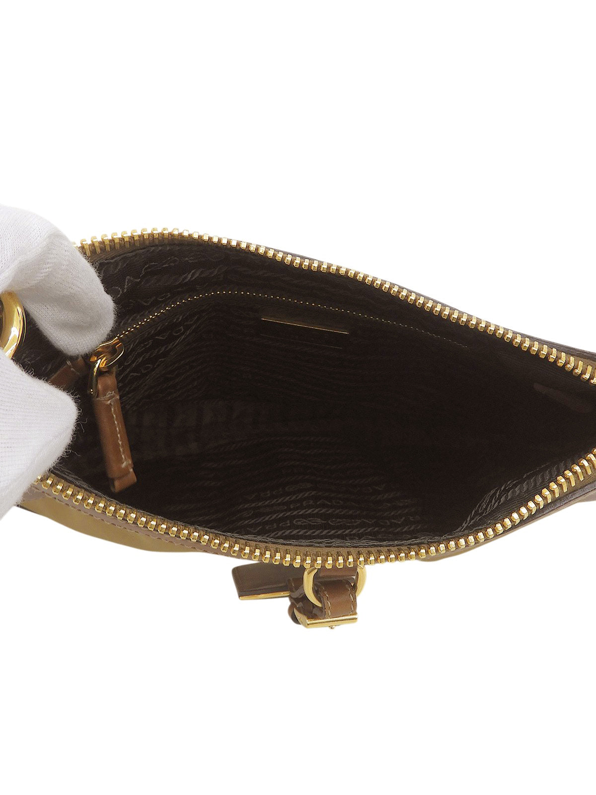 Nylon and leather combination shoulder bag with logo plate, beige.