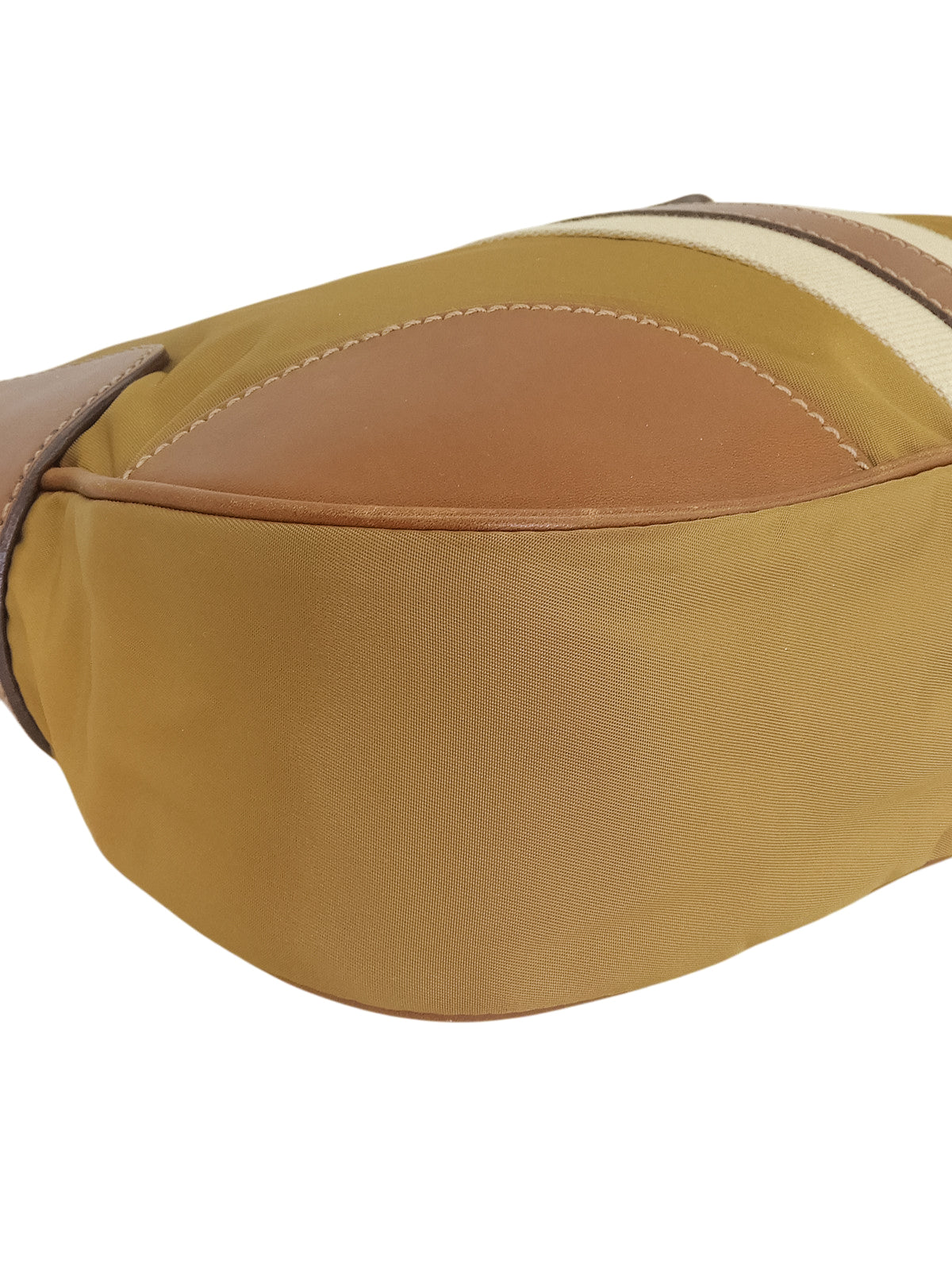 Nylon and leather combination shoulder bag with logo plate, beige.