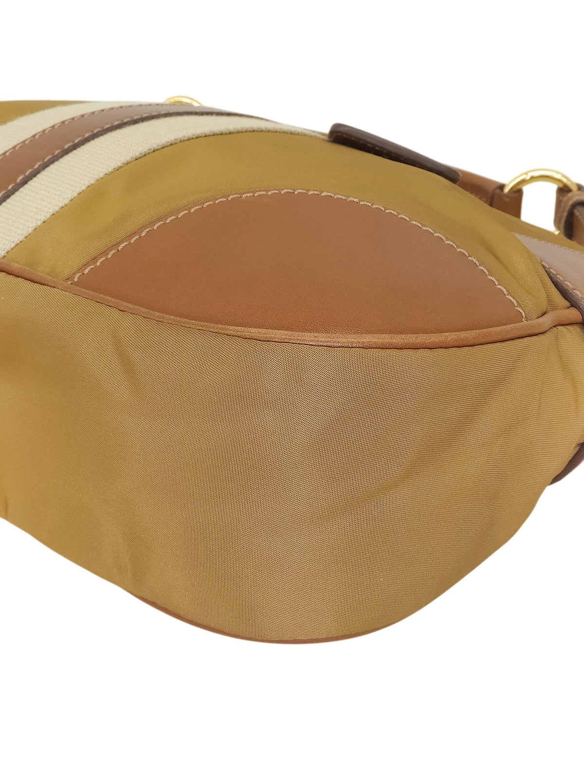 Nylon and leather combination shoulder bag with logo plate, beige.