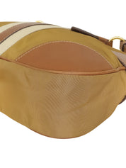 Nylon and leather combination shoulder bag with logo plate, beige.