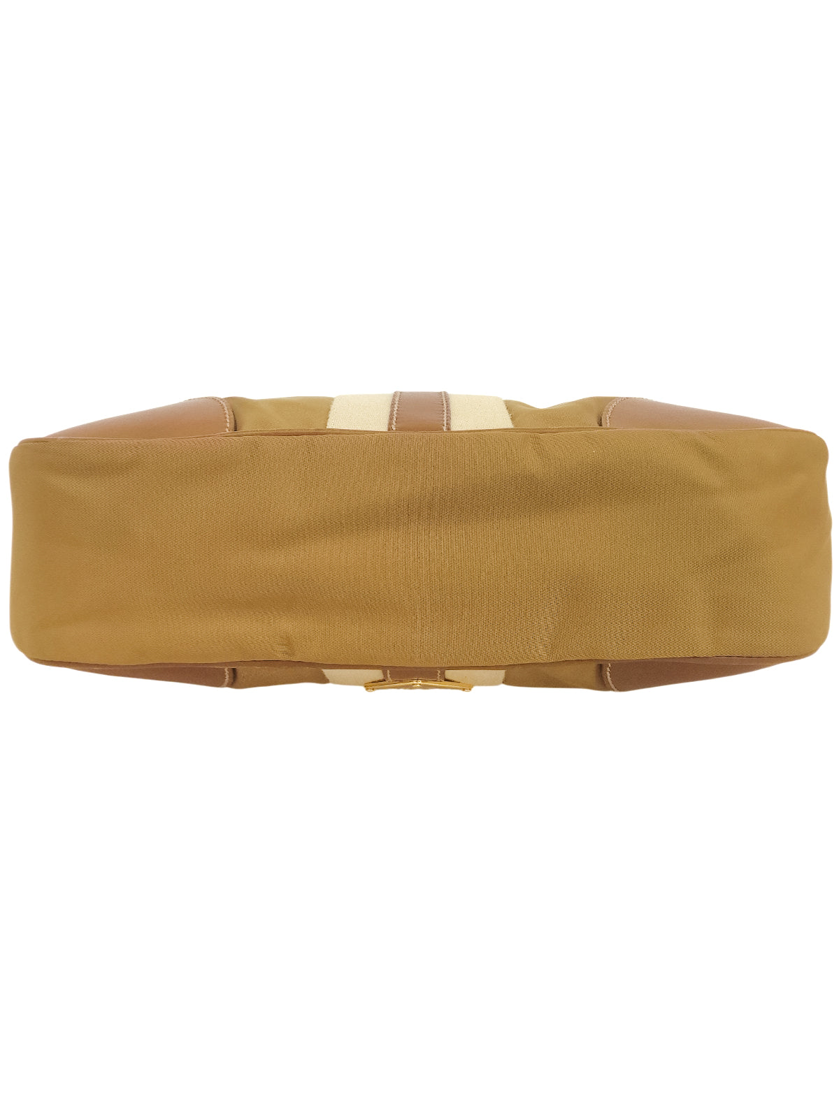 Nylon and leather combination shoulder bag with logo plate, beige.