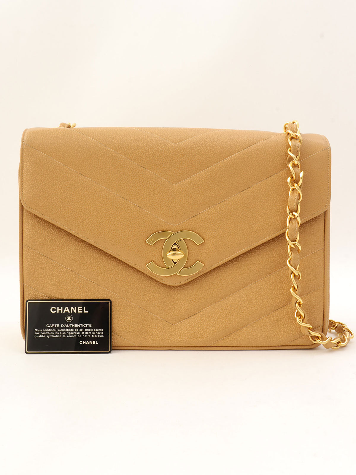 Around 2005 Made Caviar Skin V-Stitch CC Turnlock Chain Bag Beige