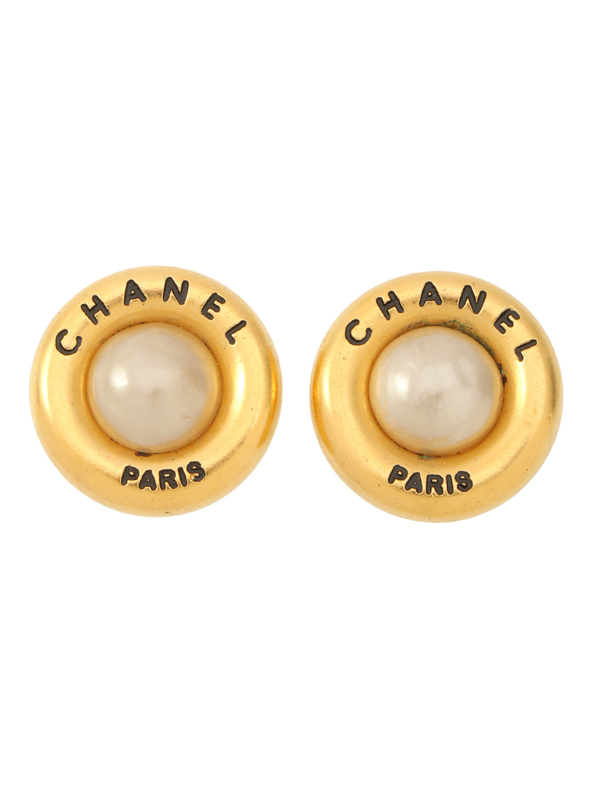 1995 Pearl Round Logo Earrings - Gold
