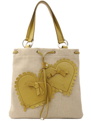 Logo Heart Motif Tote Bag Beige/Lime Green