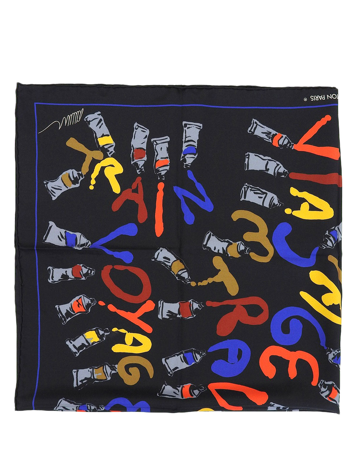 シルク絵の具モチーフスカーフ ブラック/マルチ