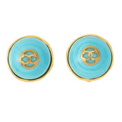 1993 Color Stone Round CC Mark Earrings Turquoise/Gold