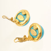 1993 Color Stone Round CC Mark Earrings Turquoise/Gold