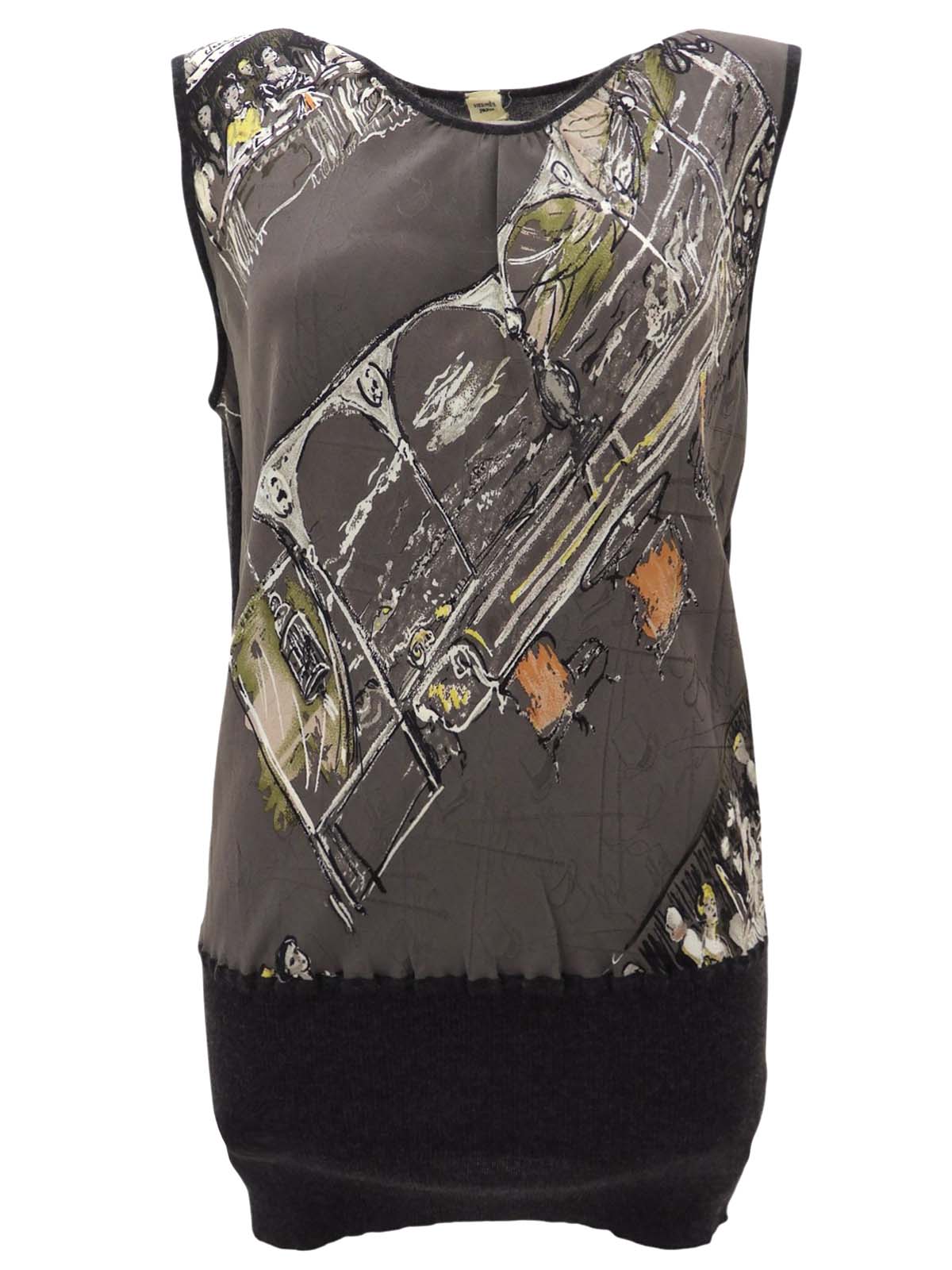 Silk and cashmere combination design print sleeveless top in charcoal gray/multi