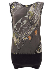 Silk and cashmere combination design print sleeveless top in charcoal gray/multi