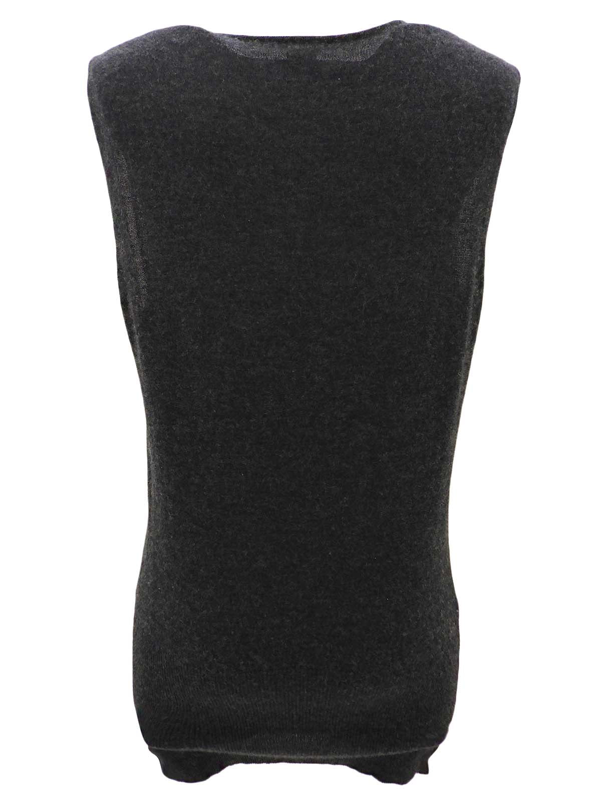 Silk and cashmere combination design print sleeveless top in charcoal gray/multi