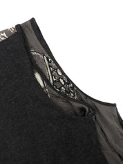 Silk and cashmere combination design print sleeveless top in charcoal gray/multi