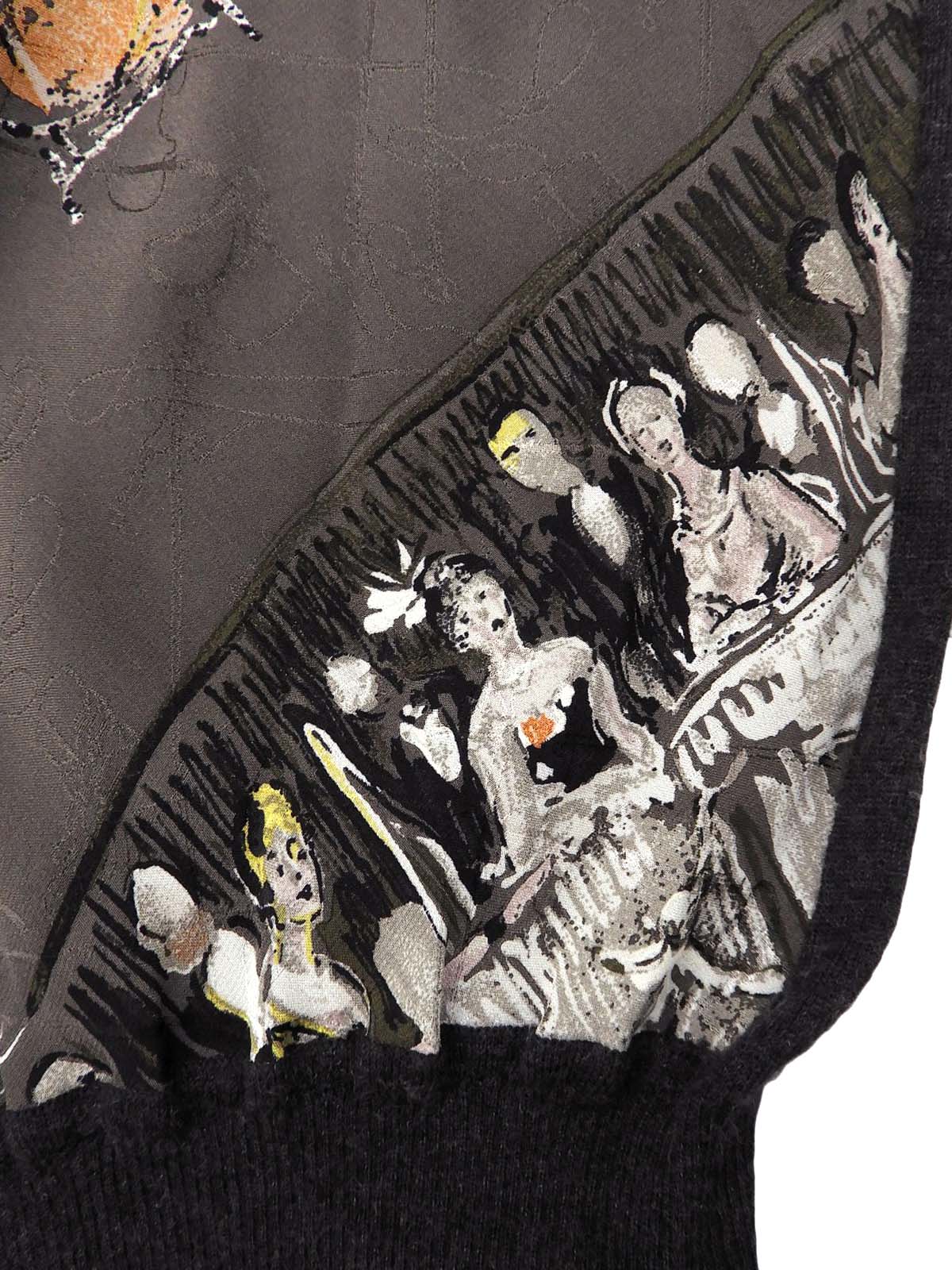 炭灰色/多色真丝羊绒混纺印花无袖上衣