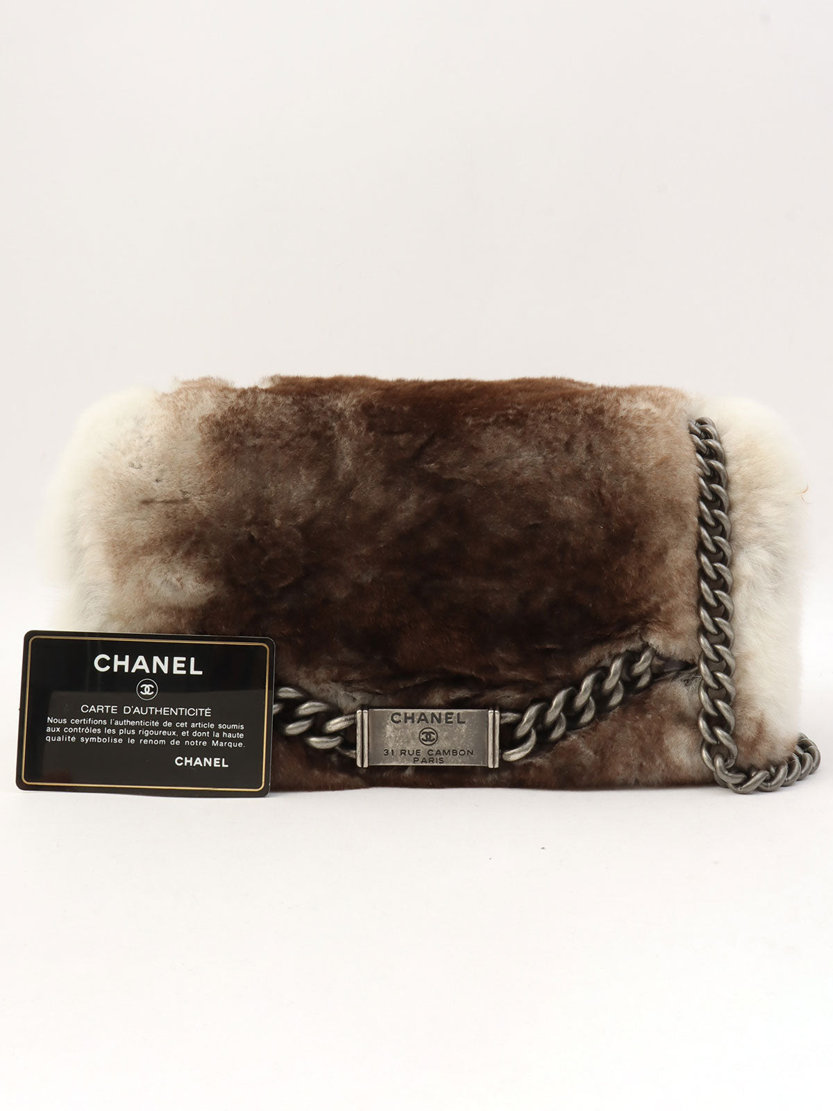 Circa 2014 Rapin Fur Logo Plate Chain Shoulder Bag Brown/Grey