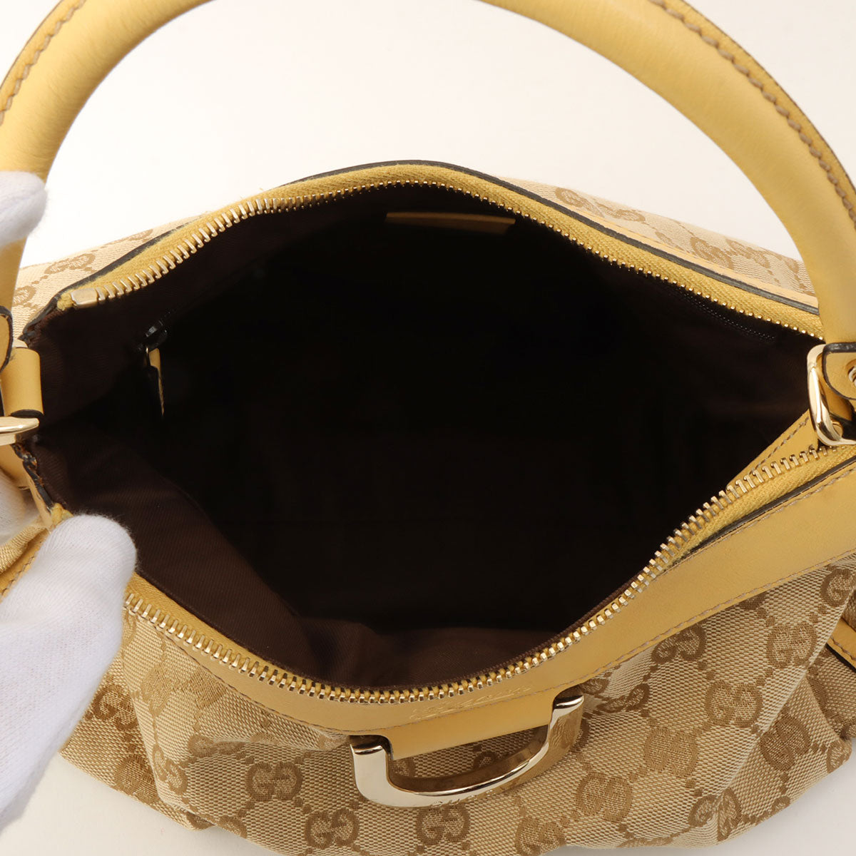 Canvas GG Pattern Logo Plate Handbag Beige/Yellow