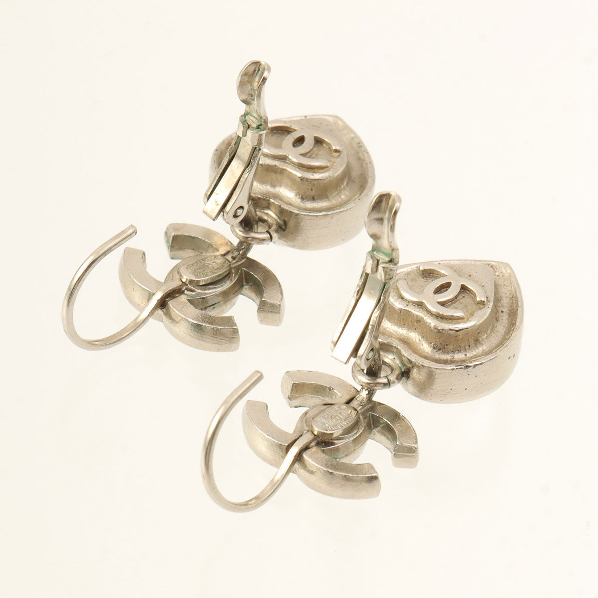 2000 Rhinestone Heart CC Mark Swing Earrings Silver