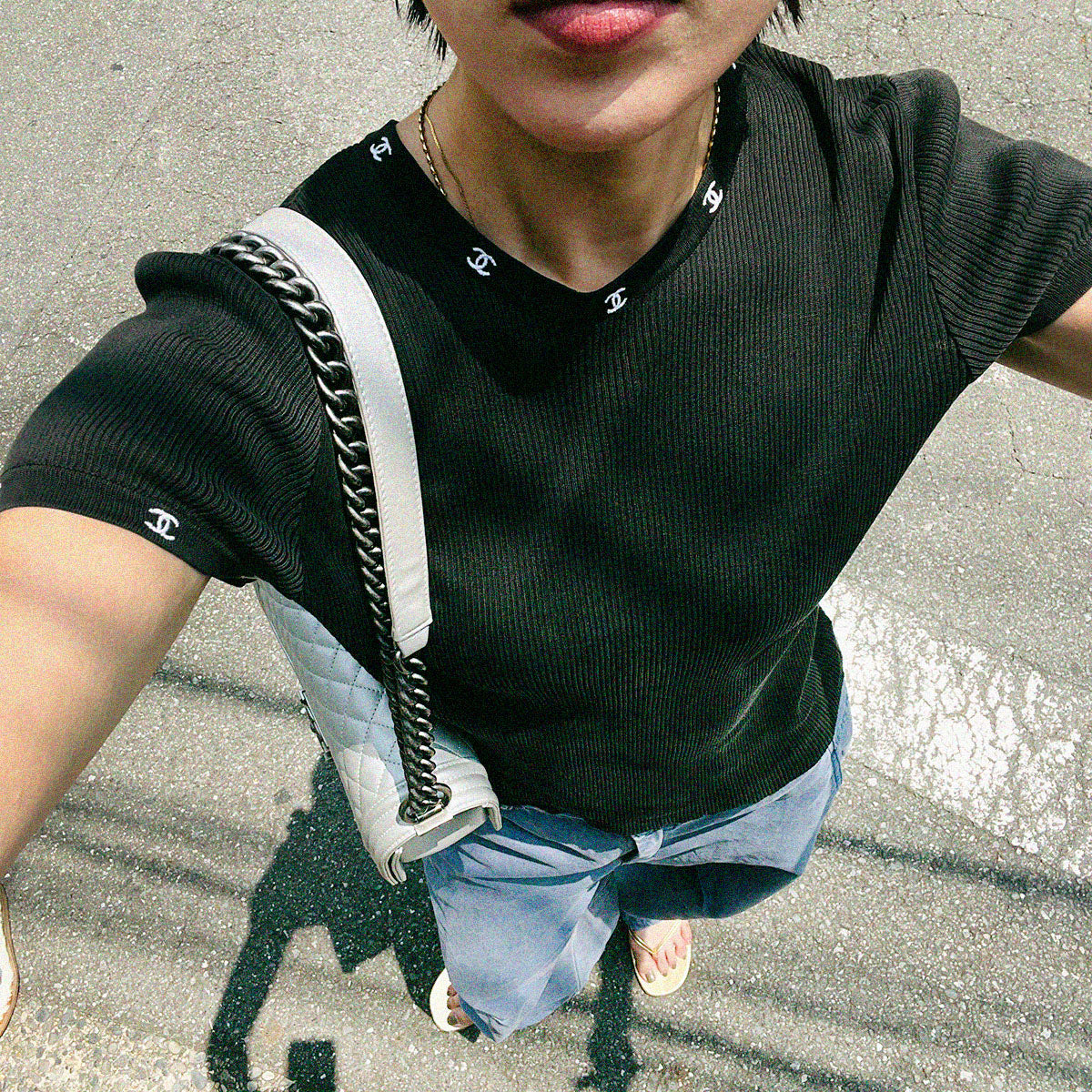 CC标志刺绣罗纹短袖衬衫 #44 黑色