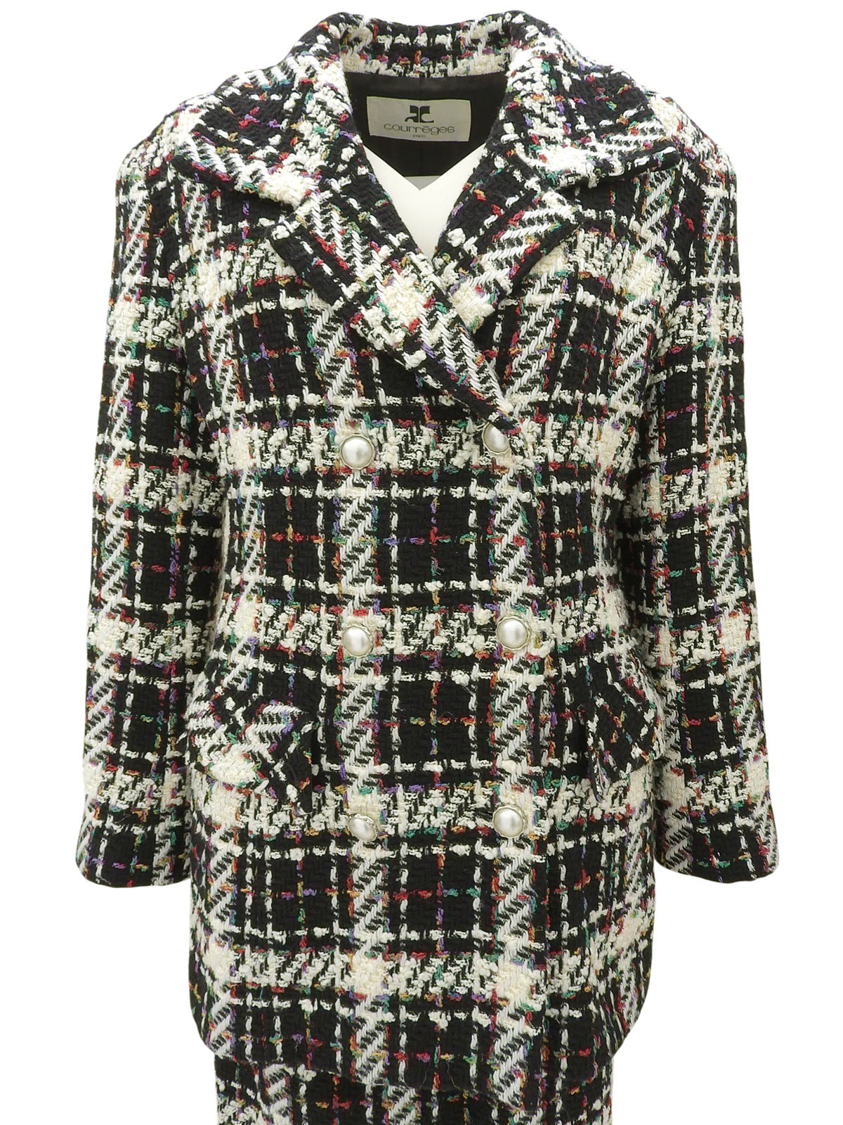 Tweed check pattern double-breasted suit set, black/multi