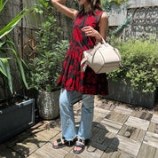 Flower Pattern Sleeveless Dress #44 Black/Red