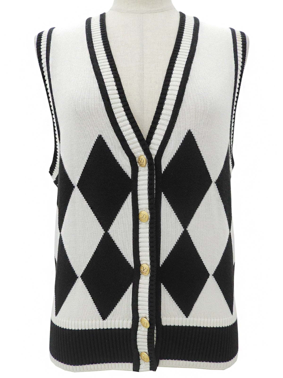 Diamond Pattern Logo Button Knit Vest #38 White/Black