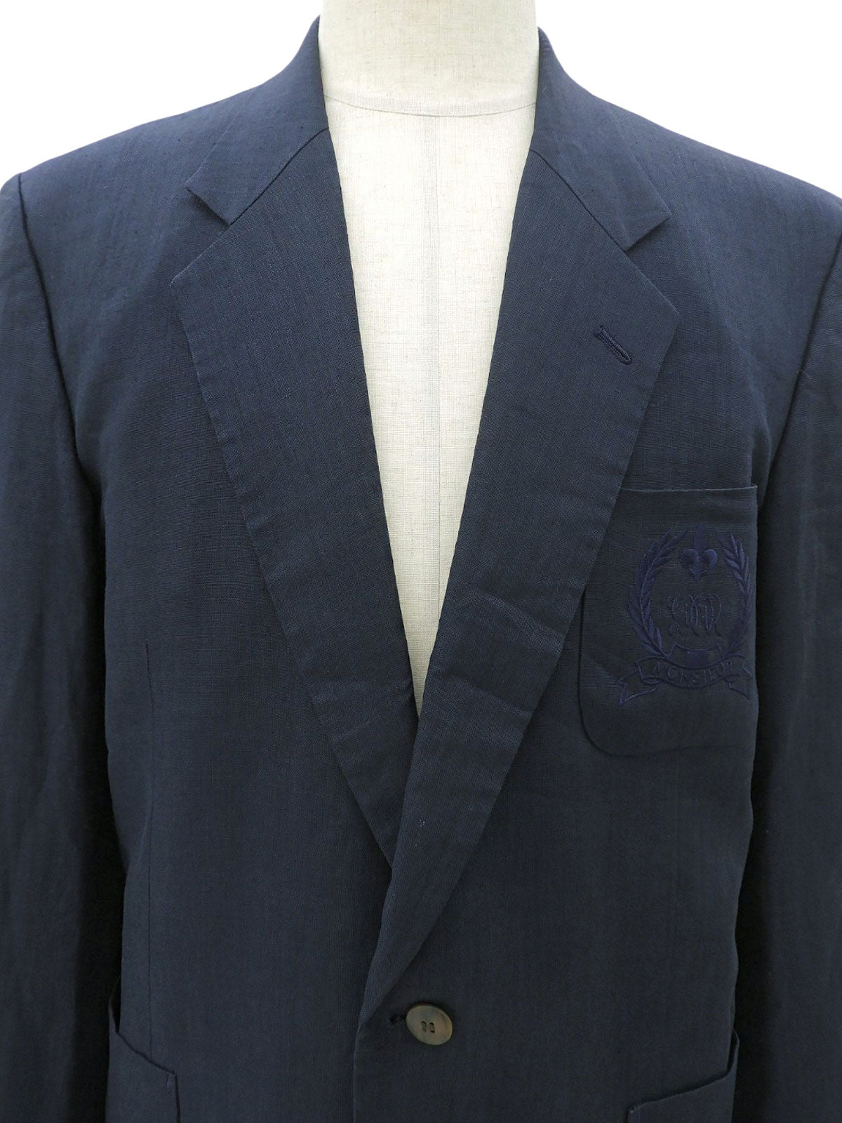 Linen Logo Embroidered Tailored Jacket - Navy