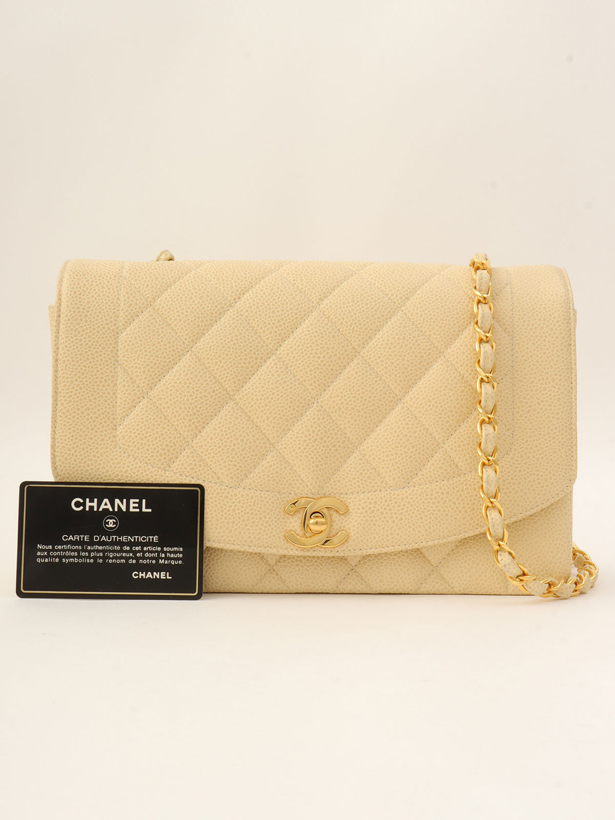 1992年頃製 キャビアスキンダイアナフラップチェーンバッグ25cm ベージュ