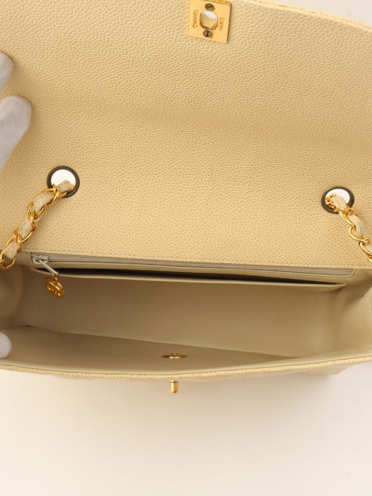 1992年頃製 キャビアスキンダイアナフラップチェーンバッグ25cm ベージュ