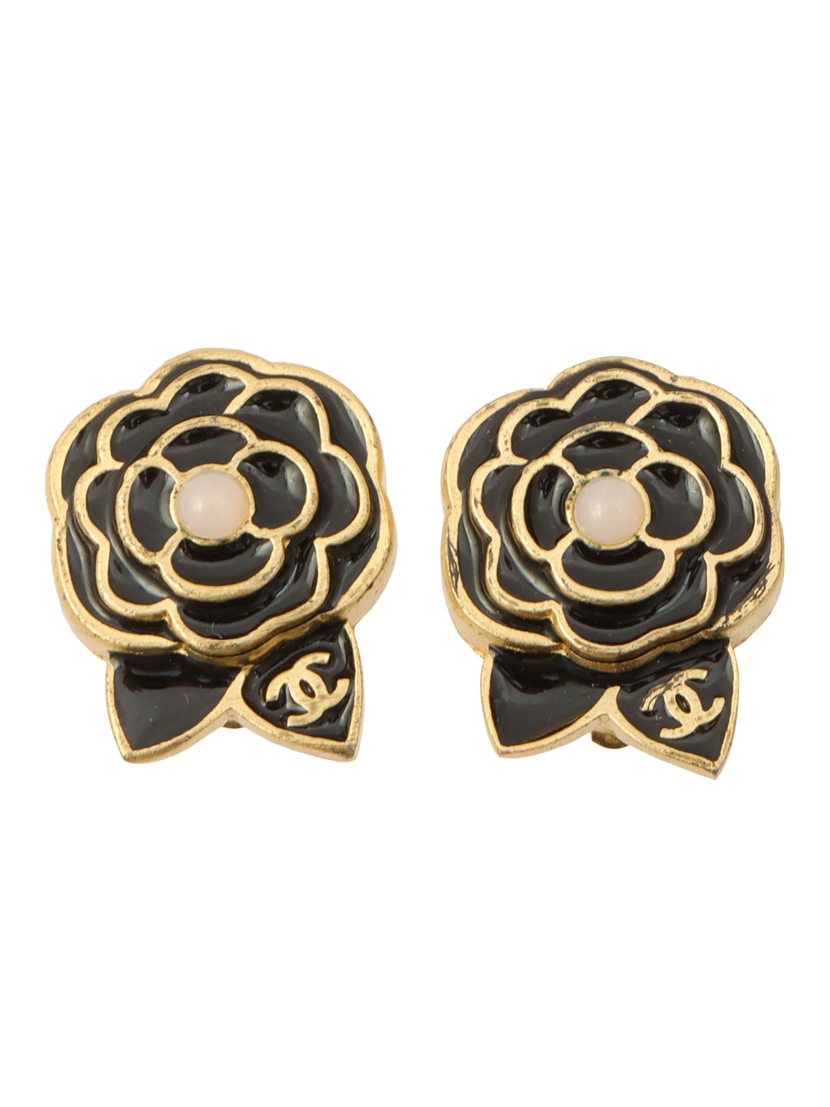 2002 Pearl Camellia Motif CC Mark Earrings Gold/Black