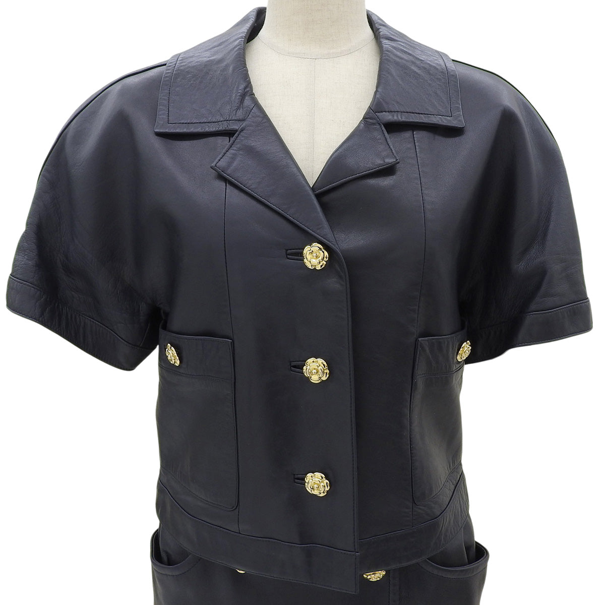 Leather Camellia Button Short Sleeve Set-up in Black