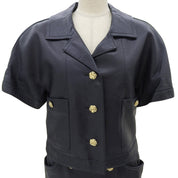 Leather Camellia Button Short Sleeve Set-up in Black
