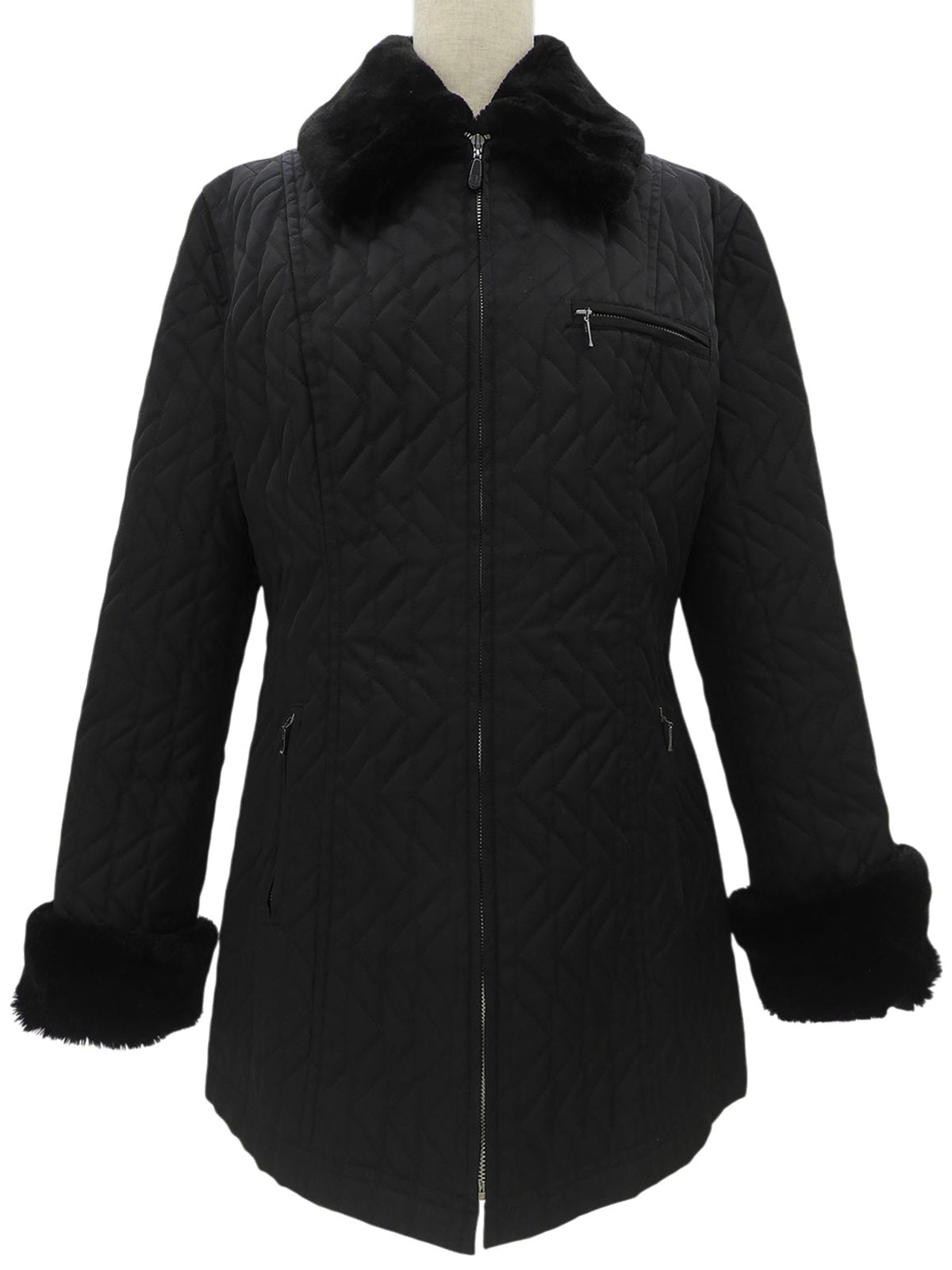 Nylon Faux Fur Quilted Long Coat #L Black