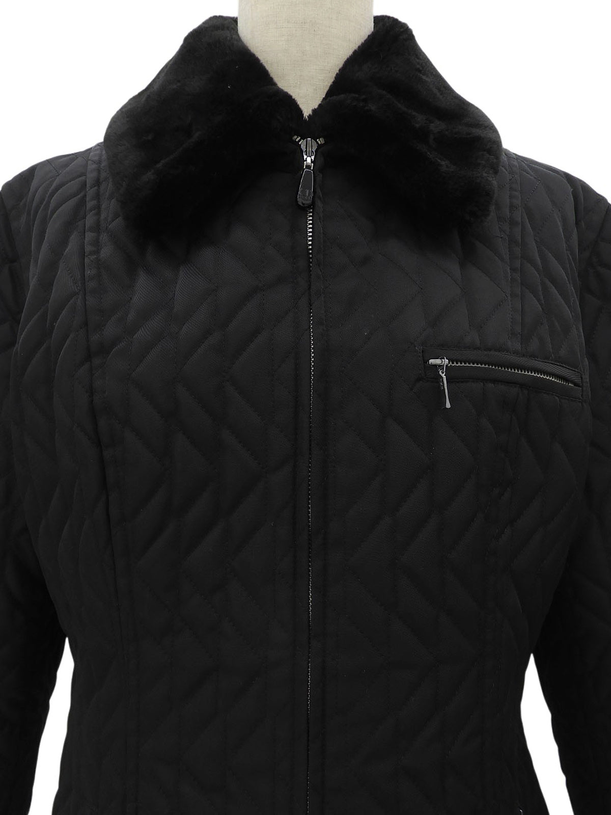 Nylon Faux Fur Quilted Long Coat #L Black