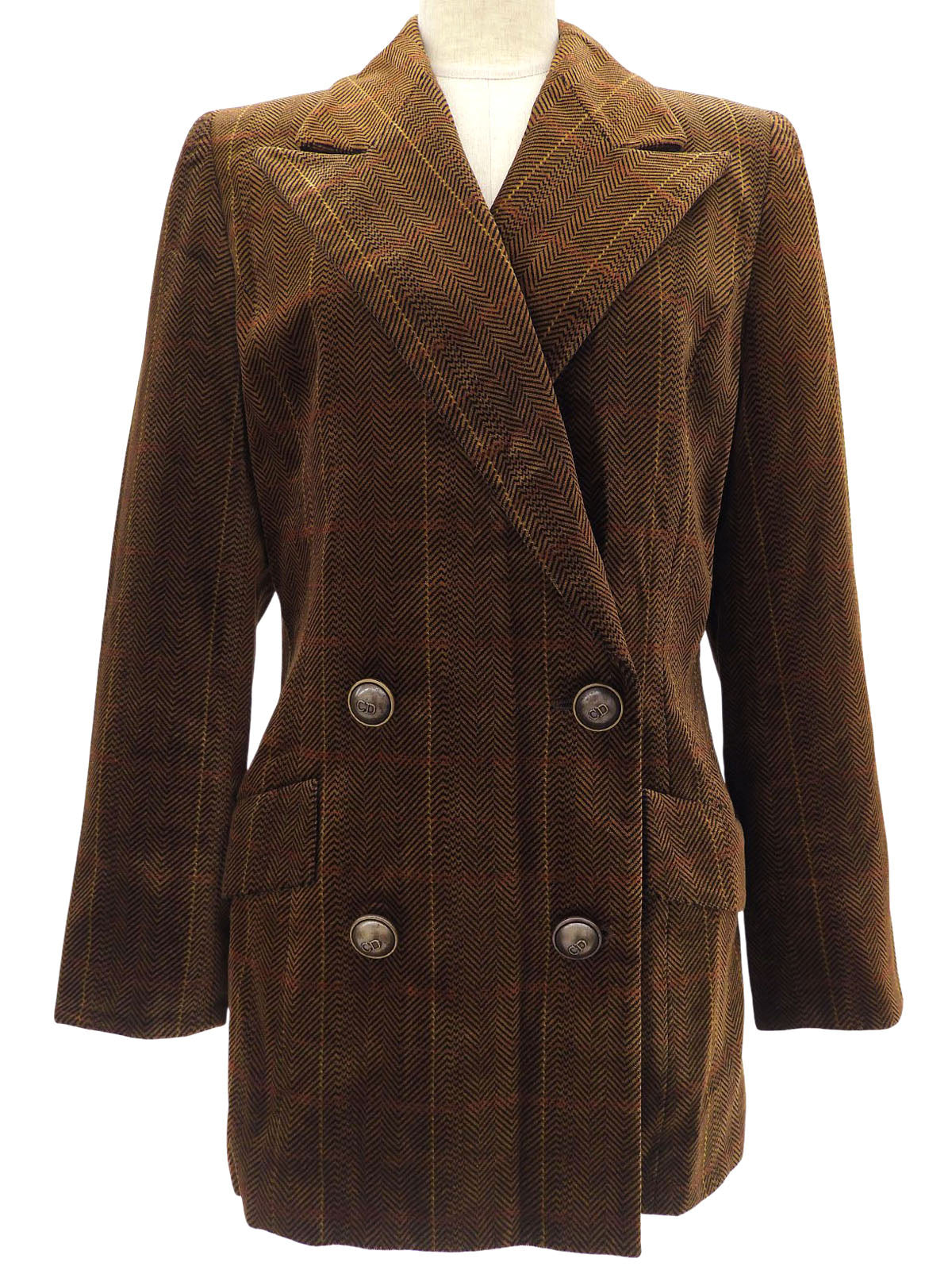 Checked Herringbone Pattern Logo Button Double-breasted Jacket #S Brown