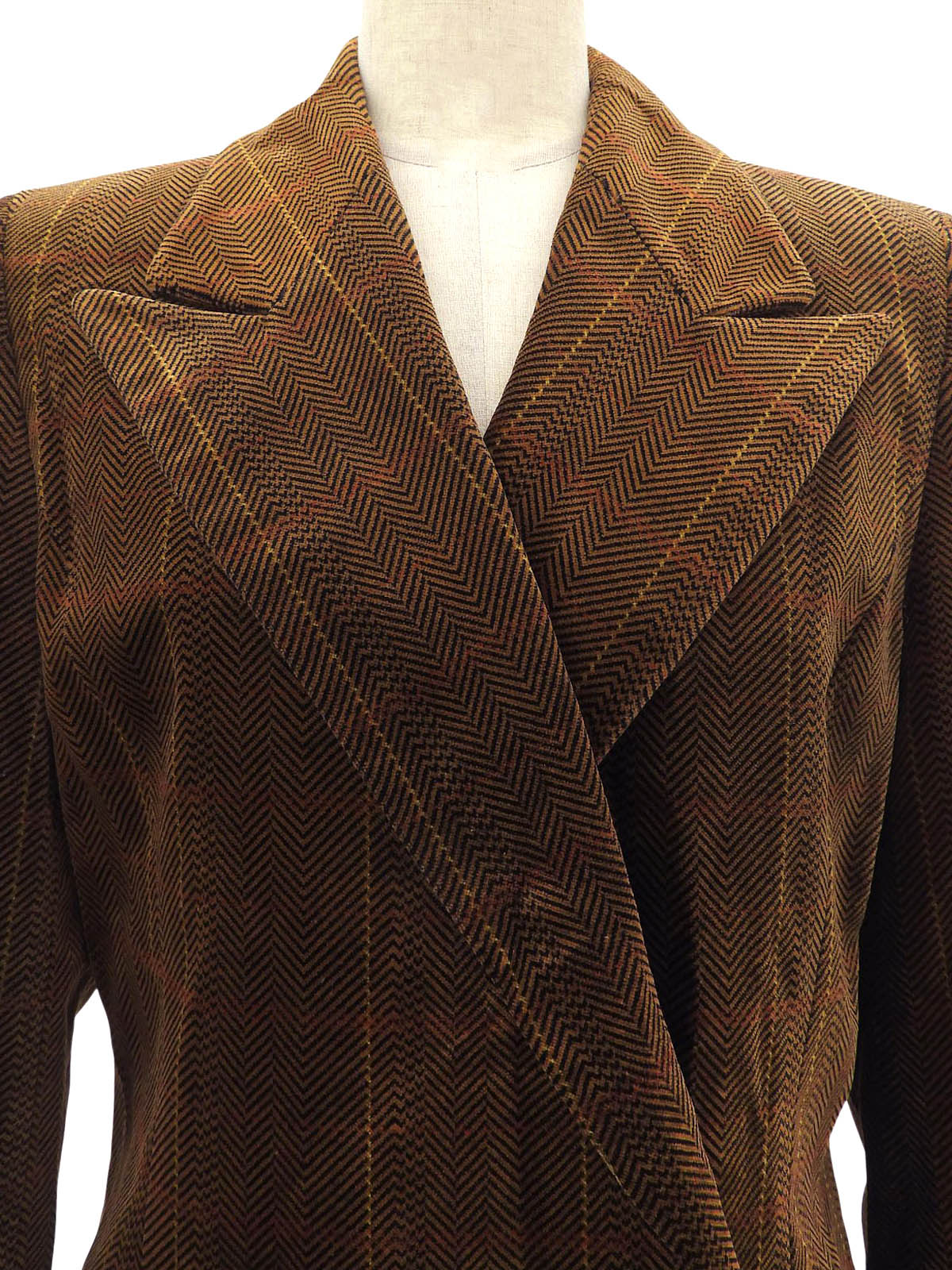 Checked Herringbone Pattern Logo Button Double-breasted Jacket #S Brown