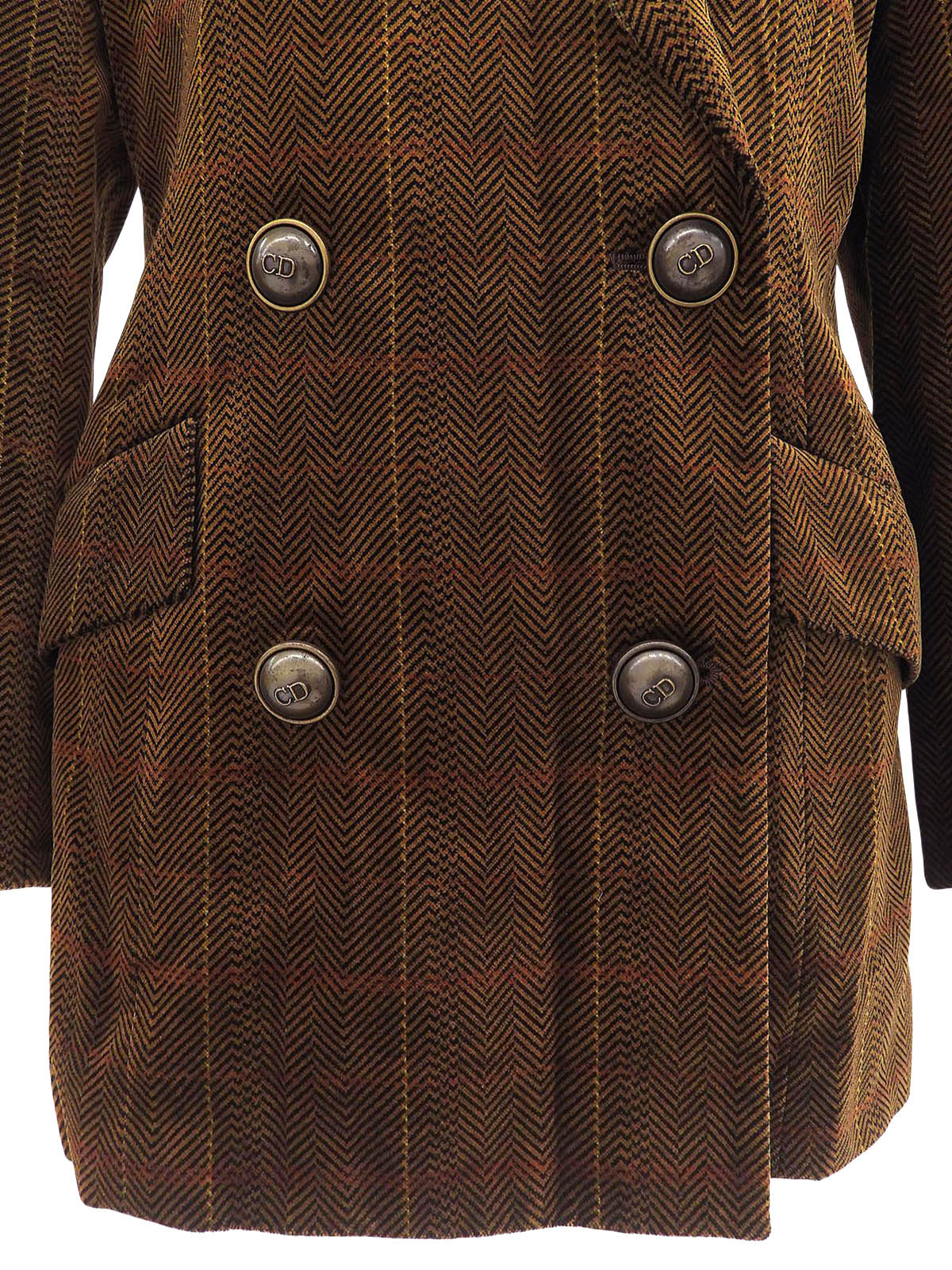 Checked Herringbone Pattern Logo Button Double-breasted Jacket #S Brown