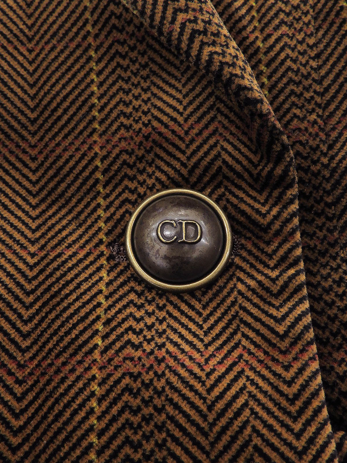 Checked Herringbone Pattern Logo Button Double-breasted Jacket #S Brown